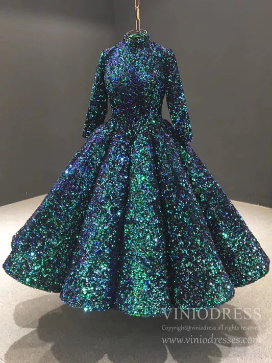 Shiny Green Midi Prom Dress with Sleeves 66991 High Neck-prom dresses 2025 -Viniodress-Green-Custom Size-