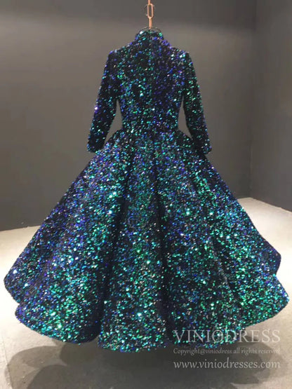 Shiny Green Midi Prom Dress with Sleeves 66991 High Neck-prom dresses 2025 -Viniodress-Green-Custom Size-