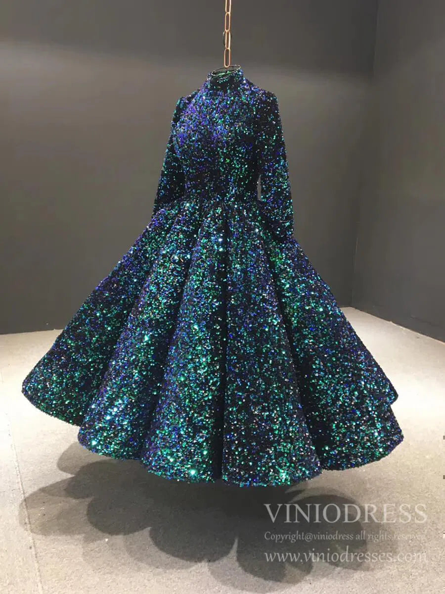 Shiny Green Midi Prom Dress with Sleeves 66991 High Neck-prom dresses 2025 -Viniodress-Green-Custom Size-
