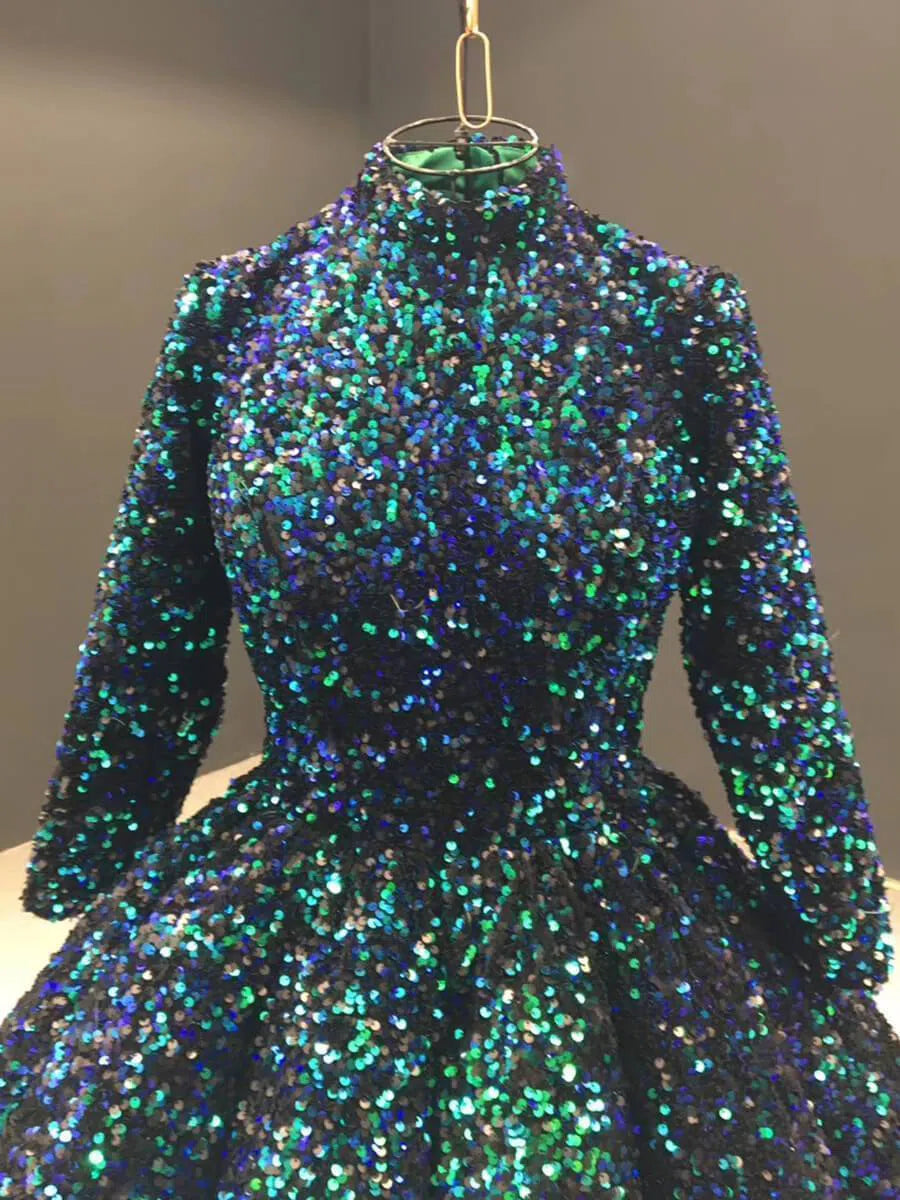 Shiny Green Midi Prom Dress with Sleeves 66991 High Neck-prom dresses 2025 -Viniodress-Green-Custom Size-