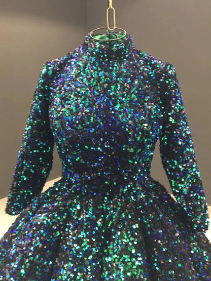 Shiny Green Midi Prom Dress with Sleeves 66991 High Neck-prom dresses 2025 -Viniodress-Green-Custom Size-