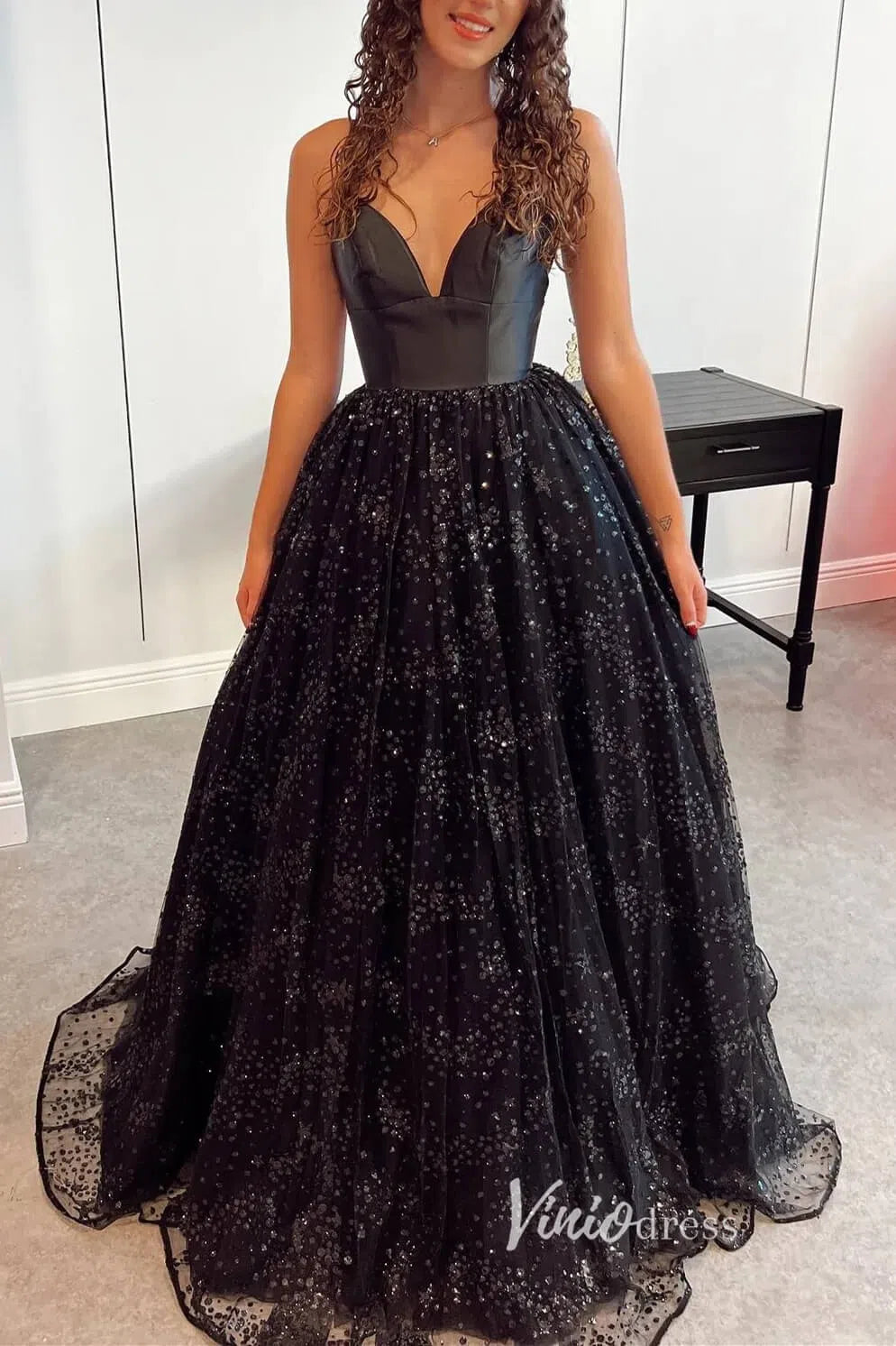 Shiny Light Blue Lace Long Prom Dresses FD1450-prom dresses 2025 -Viniodress-Black-Custom Size-