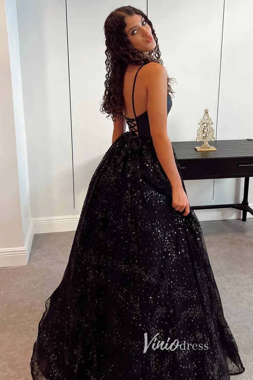 Shiny Light Blue Lace Long Prom Dresses FD1450-prom dresses 2025 -Viniodress-Light Blue-Custom Size-