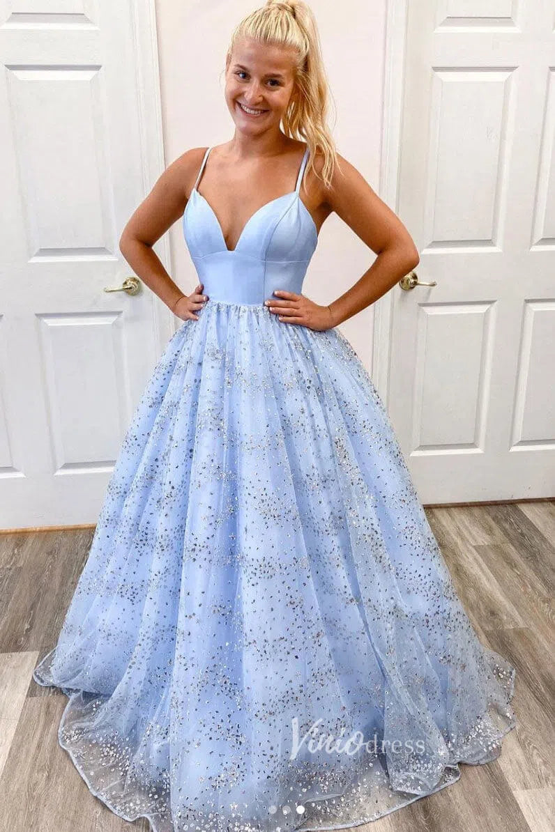 Shiny Light Blue Lace Long Prom Dresses FD1450-prom dresses-Viniodress-Viniodress