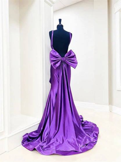 Shiny Purple Satin Mermaid Prom Dress | Backless Gown with Ruffled Slit & Bow Tail – FD6045-prom dresses 2025 -Viniodress-Purple-Custom Size-