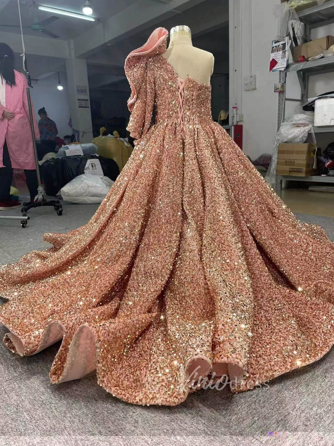 Shiny Rose Gold Girl's Pageant Dress One Shoulder Ball Gown FD2396C-Pageant Dresses for Kids 2025 -Viniodress-Rose Gold-Custom Size-