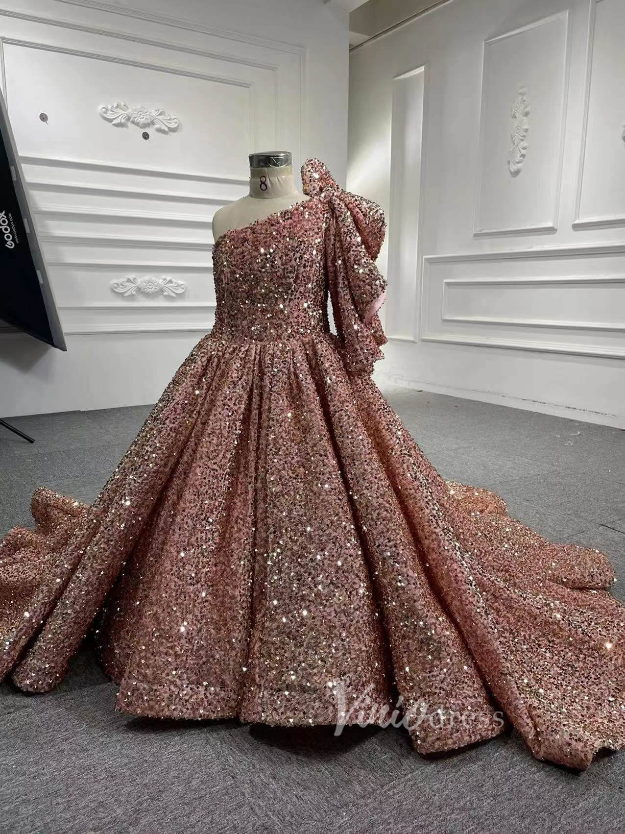 Shiny Rose Gold Girl's Pageant Dress One Shoulder Ball Gown FD2396C Viniodress Shiny Rose Gold Girl's Pageant Dress One Shoulder Ball Gown FD2396C Viniodress