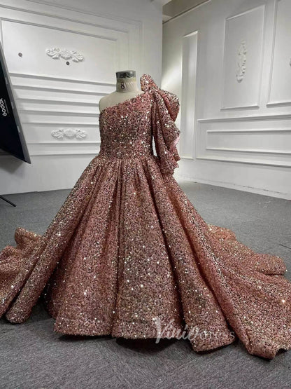 Shiny Rose Gold Girl's Pageant Dress One Shoulder Ball Gown FD2396C-Pageant Dresses for Kids 2025 -Viniodress-Rose Gold-Custom Size-