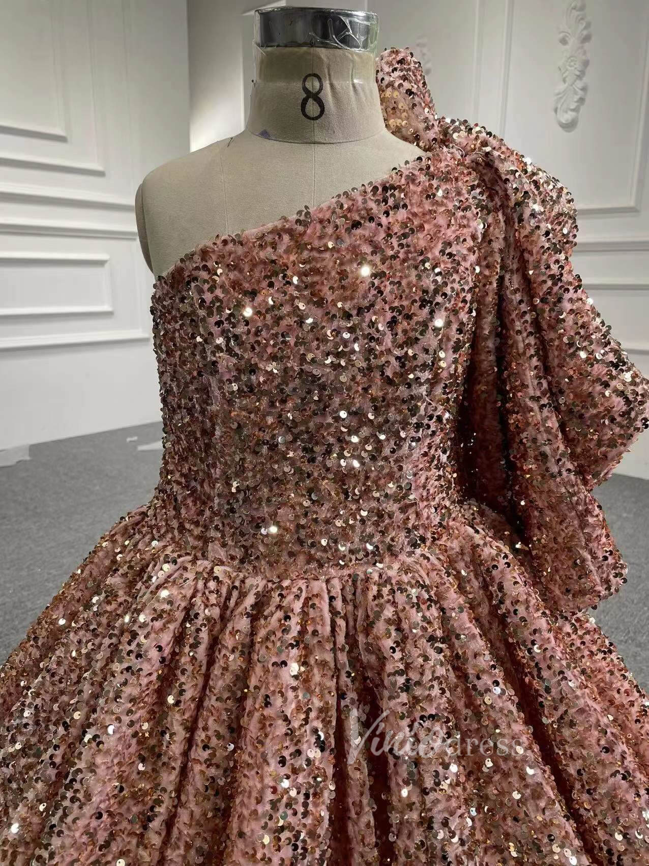 Shiny Rose Gold Girl's Pageant Dress One Shoulder Ball Gown FD2396C Viniodress Shiny Rose Gold Girl's Pageant Dress One Shoulder Ball Gown FD2396C Viniodress
