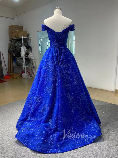 Shiny Royal Blue Prom Dress Off the Shoulder Formal Gown 66530-prom dresses 2025 -Viniodress-Royal Blue-Custom Size-