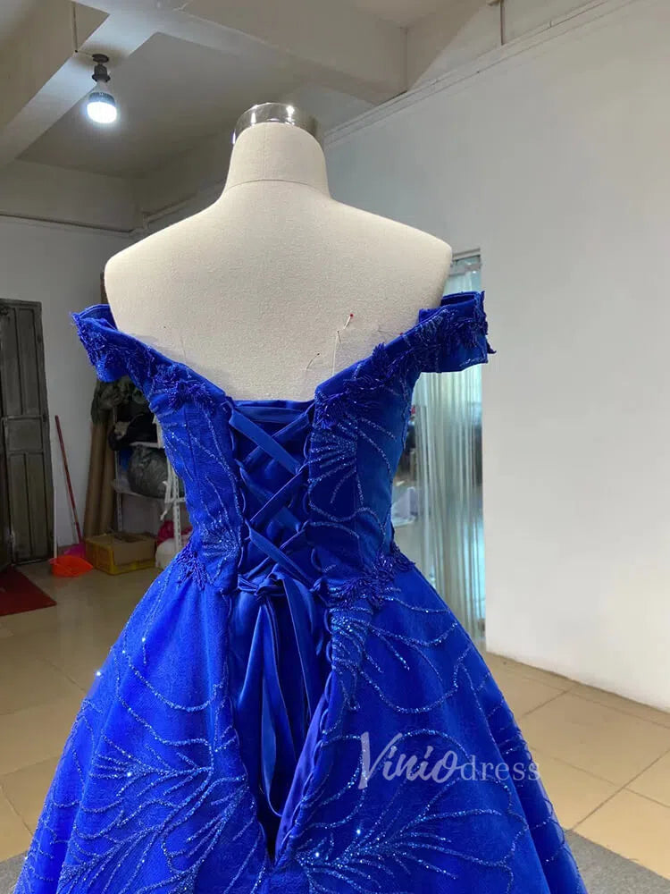 Shiny Royal Blue Prom Dress Off the Shoulder Formal Gown 66530-prom dresses 2025 -Viniodress-Royal Blue-Custom Size-