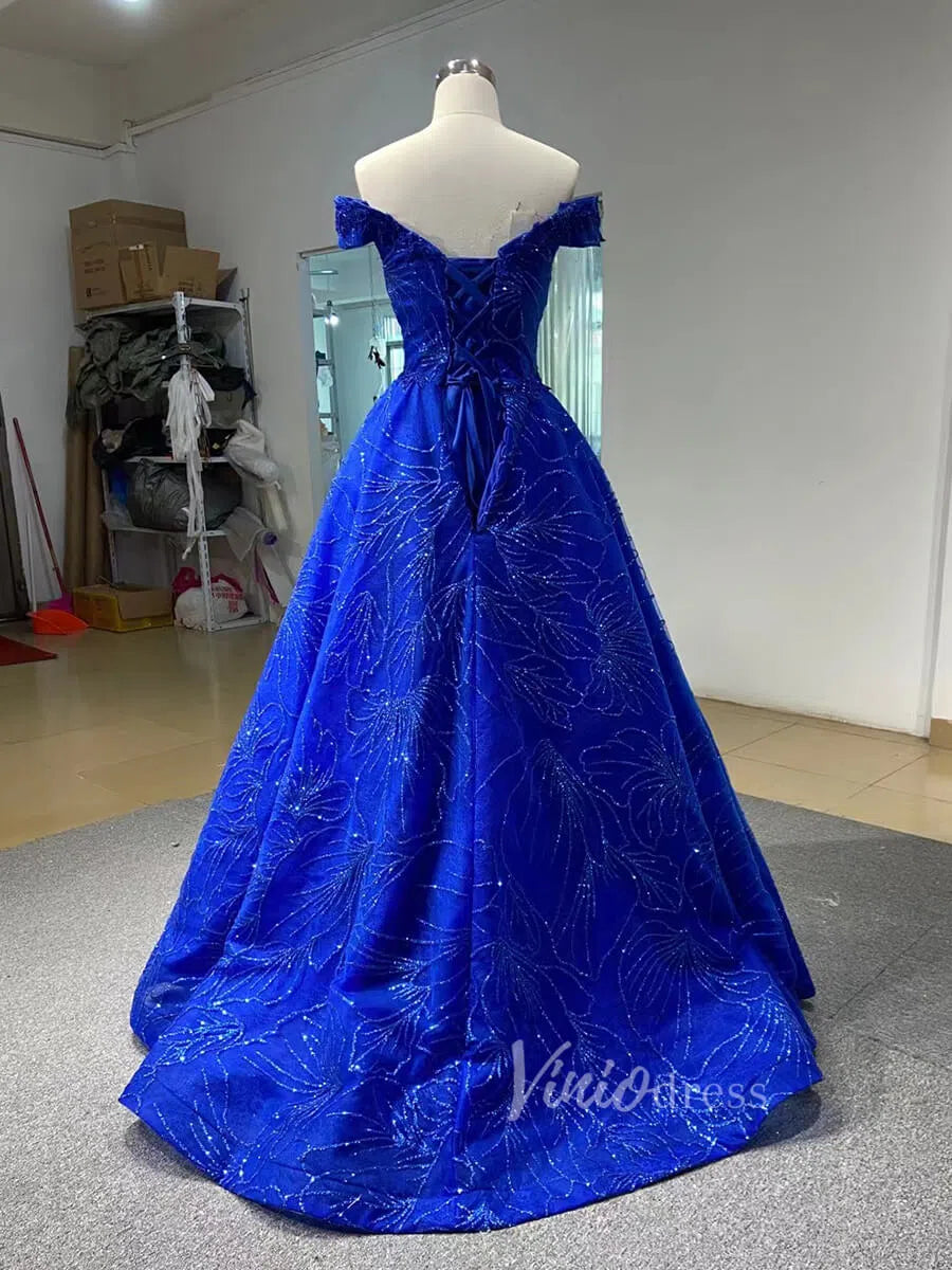 Shiny Royal Blue Prom Dress Off the Shoulder Formal Gown 66530-prom dresses 2025 -Viniodress-Royal Blue-Custom Size-