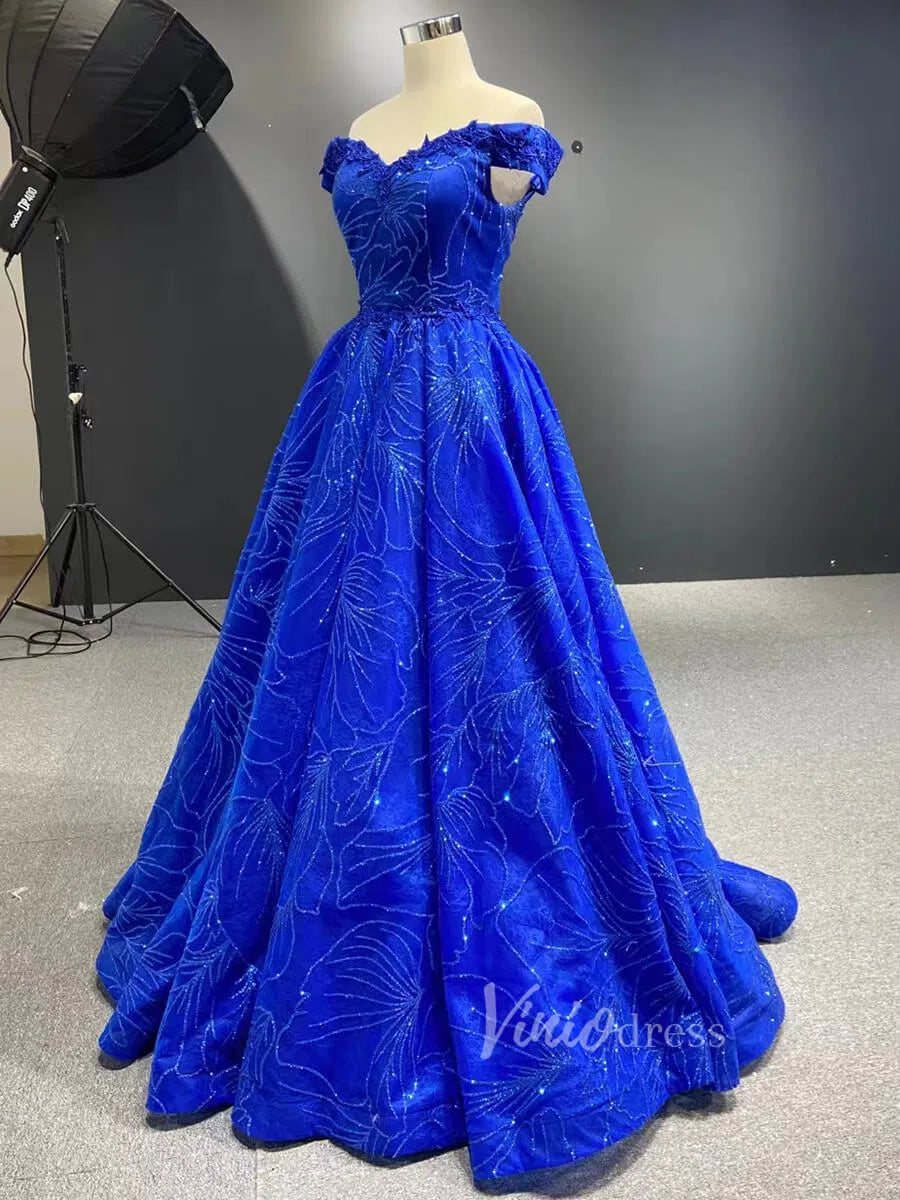 Shiny Royal Blue Prom Dress Off the Shoulder Formal Gown 66530-prom dresses 2025 -Viniodress-Royal Blue-Custom Size-