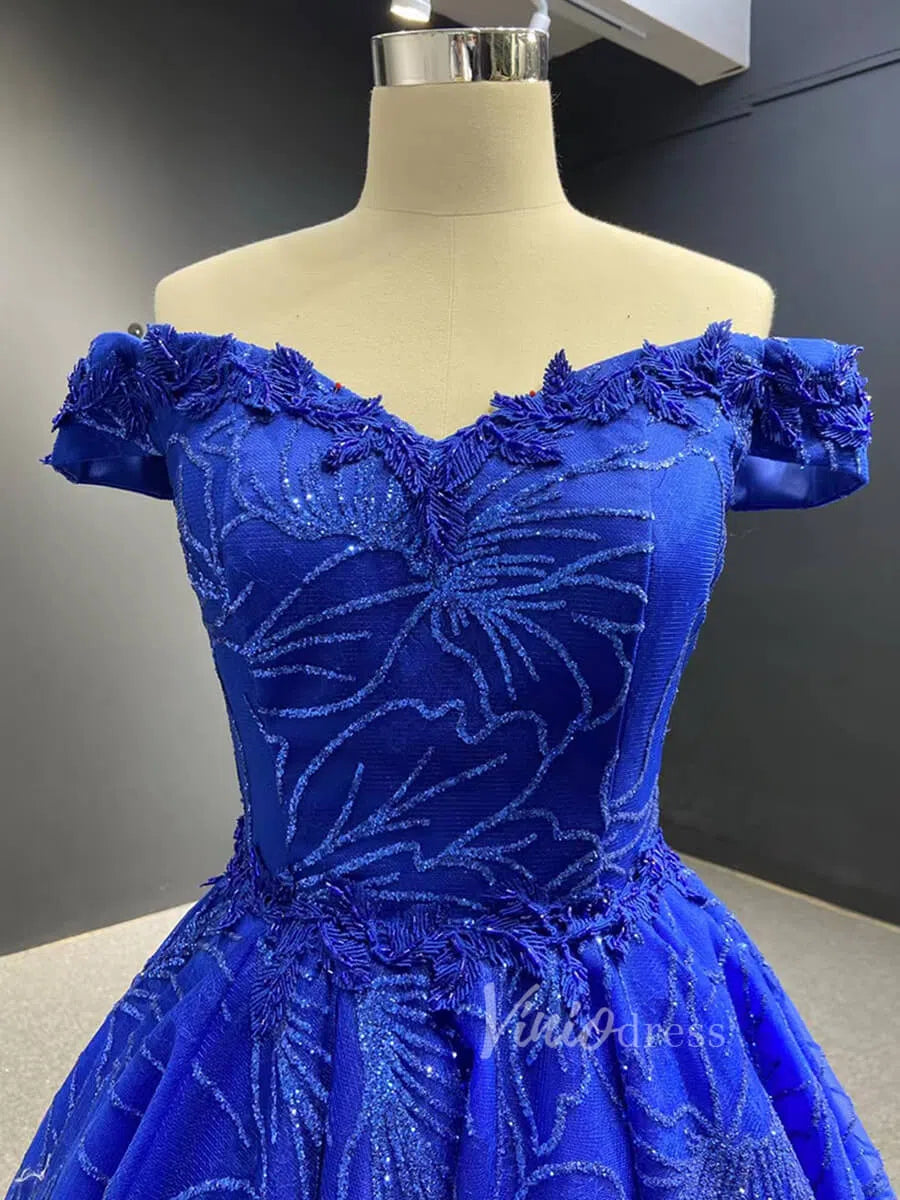Shiny Royal Blue Prom Dress Off the Shoulder Formal Gown 66530-prom dresses 2025 -Viniodress-Royal Blue-Custom Size-