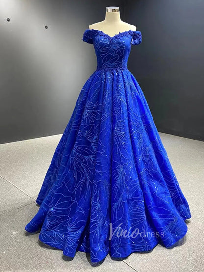 Shiny Royal Blue Prom Dress Off the Shoulder Formal Gown 66530-prom dresses 2025 -Viniodress-Royal Blue-Custom Size-