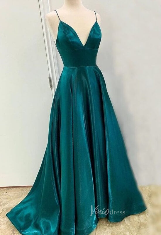 Shiny Satin Long Prom Dress with Pockets, Dark Teal FD1795-prom dresses 2025 -Viniodress-Teal-Custom Size-