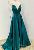 Shiny Satin Long Prom Dress with Pockets, Dark Teal FD1795
