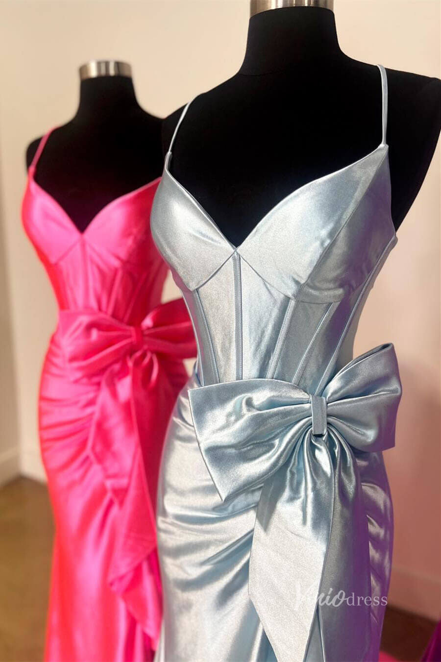 Shiny Satin Mermaid Prom Dresses with Tiered Strap Bow Spaghetti Strap FD4009-prom dresses 2025 -Viniodress-Silver-Custom Size-