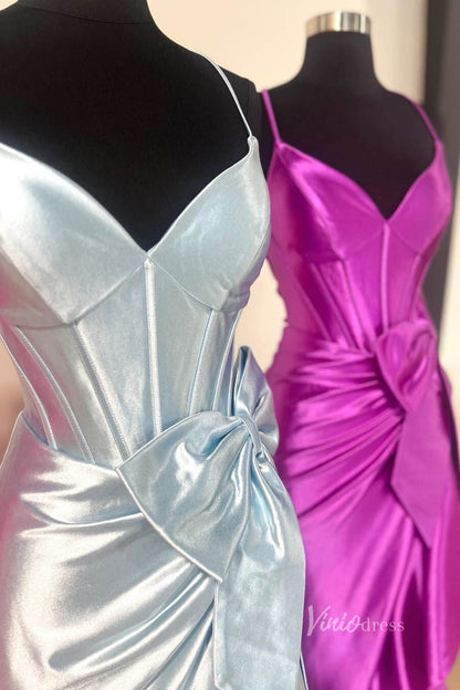 Shiny Satin Mermaid Prom Dresses with Tiered Strap Bow Spaghetti Strap FD4009-prom dresses 2025 -Viniodress-Silver-Custom Size-