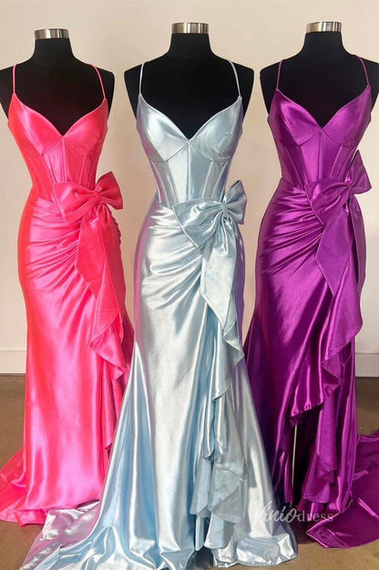 Shiny Satin Mermaid Prom Dresses with Tiered Strap Bow Spaghetti Strap FD4009-prom dresses 2025 -Viniodress-Silver-Custom Size-