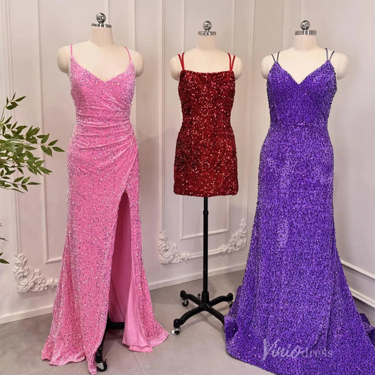 Shiny Sequin Sheath Prom Dresses Pink Evening Dress with Slit 80012-prom dresses 2025 -Viniodress-Pink-Custom Size-