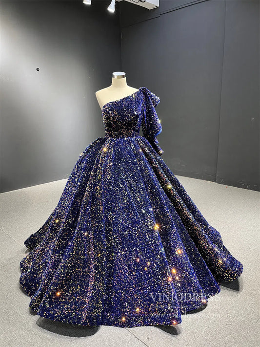 Shiny Sequined One Shoulder Long Sleeve Ball Gown Prom Dresses 67098 viniodress-prom dresses 2025 -Viniodress-Blue-Custom Size-