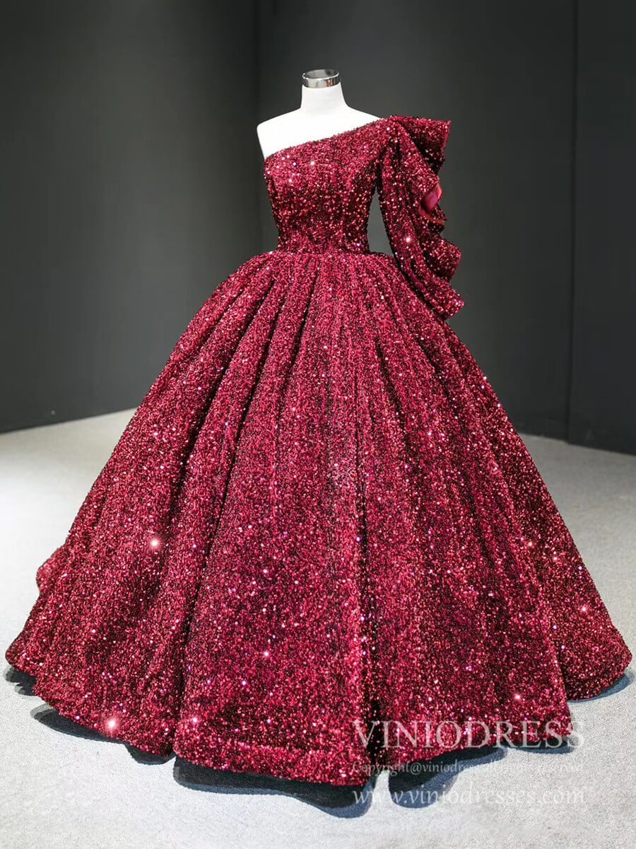 Shiny Sequined One Shoulder Long Sleeve Ball Gown Prom Dresses 67098 viniodress-prom dresses 2025 -Viniodress-Burgundy-Custom Size-