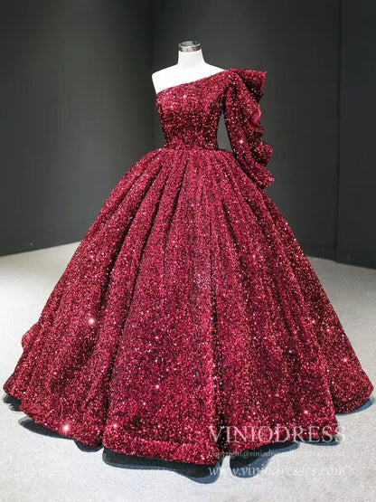 Shiny Sequined One Shoulder Long Sleeve Ball Gown Prom Dresses 67098 viniodress-prom dresses 2025 -Viniodress-Burgundy-Custom Size-