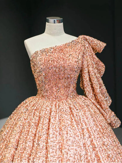 Shiny Sequined One Shoulder Long Sleeve Ball Gown Prom Dresses 67098 viniodress-prom dresses 2025 -Viniodress-Green-Custom Size-