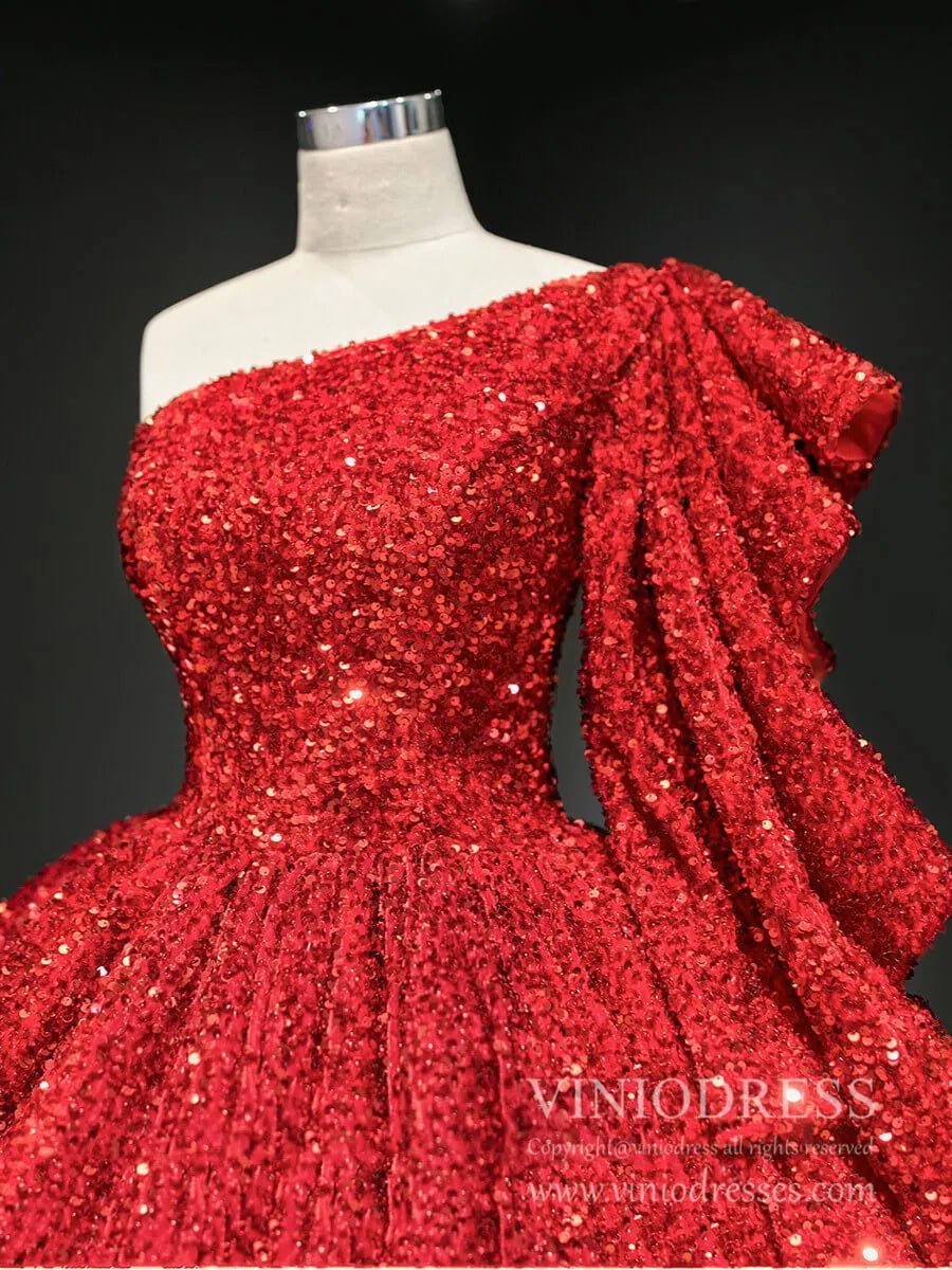 Shiny Sequined One Shoulder Long Sleeve Ball Gown Prom Dresses 67098 viniodress-prom dresses 2025 -Viniodress-Green-Custom Size-
