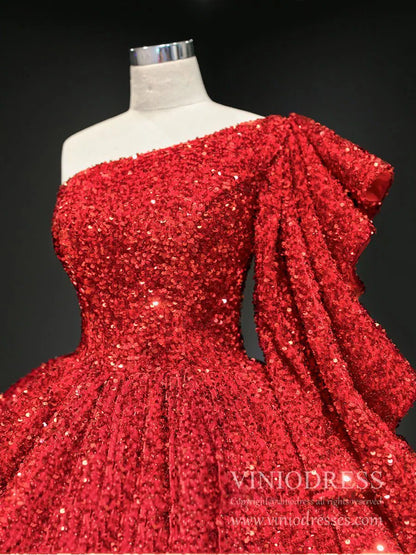 Shiny Sequined One Shoulder Long Sleeve Ball Gown Prom Dresses 67098 viniodress-prom dresses 2025 -Viniodress-Green-Custom Size-