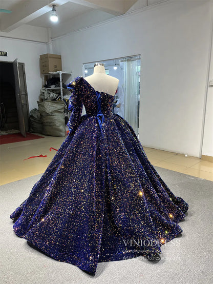 Shiny Sequined One Shoulder Long Sleeve Ball Gown Prom Dresses 67098 viniodress-prom dresses 2025 -Viniodress-Green-Custom Size-