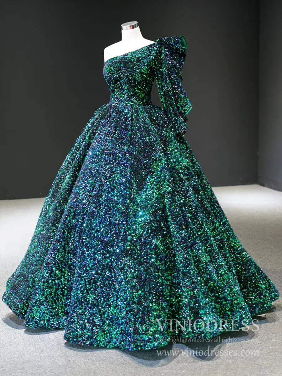 Shiny Sequined One Shoulder Long Sleeve Ball Gown Prom Dresses 67098 viniodress-prom dresses 2025 -Viniodress-Green-Custom Size-