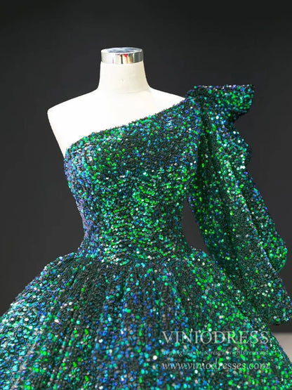 Shiny Sequined One Shoulder Long Sleeve Ball Gown Prom Dresses 67098 viniodress-prom dresses 2025 -Viniodress-Green-Custom Size-