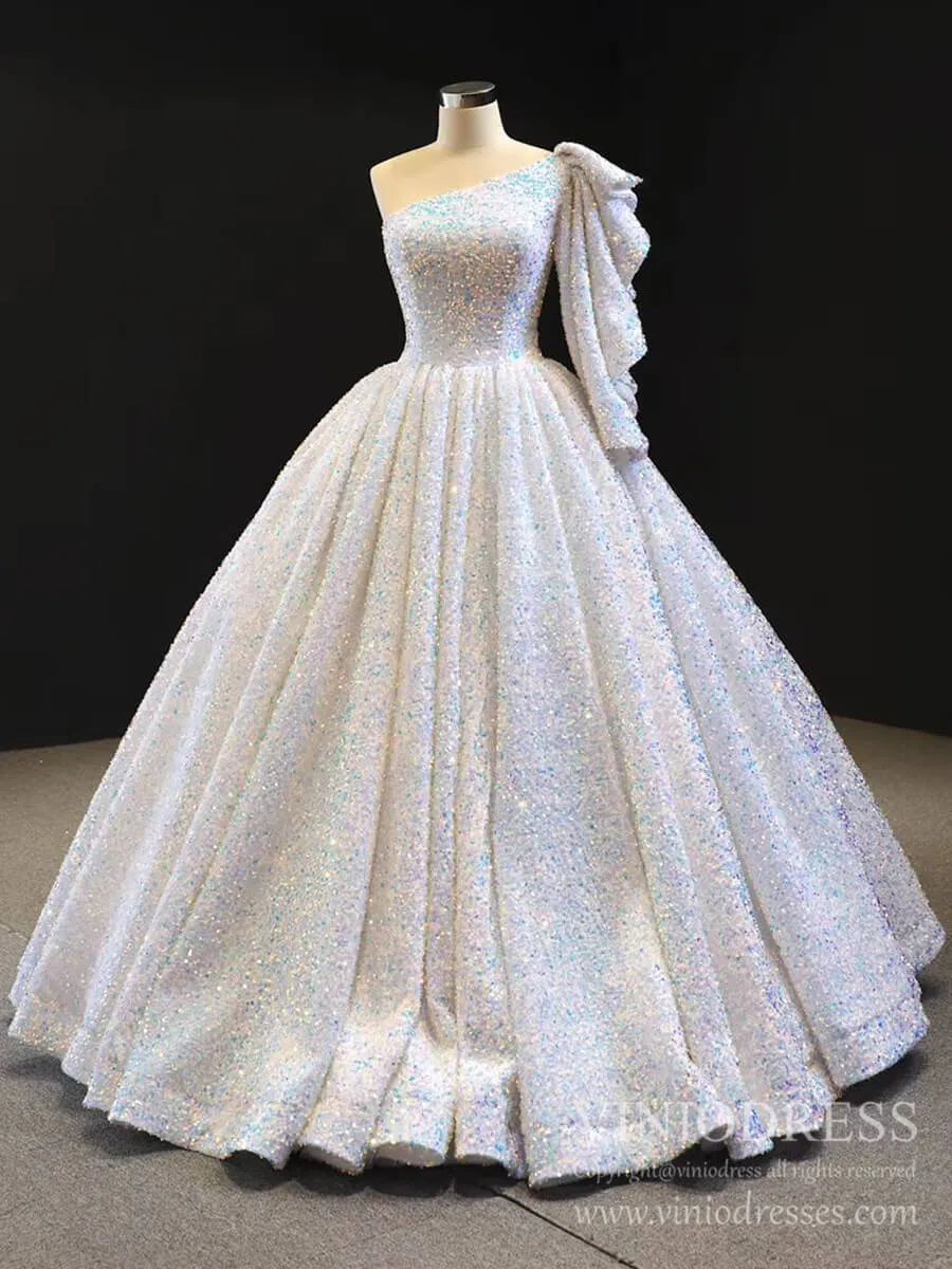 Shiny Sequined One Shoulder Long Sleeve Ball Gown Prom Dresses 67098 viniodress-prom dresses 2025 -Viniodress-Green-Custom Size-