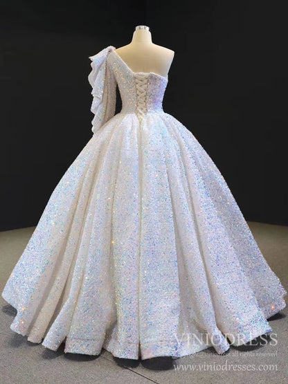 Shiny Sequined One Shoulder Long Sleeve Ball Gown Prom Dresses 67098 viniodress-prom dresses 2025 -Viniodress-Green-Custom Size-
