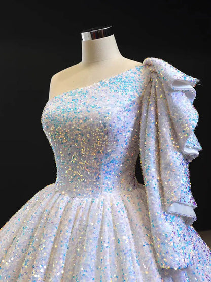 Shiny Sequined One Shoulder Long Sleeve Ball Gown Prom Dresses 67098 viniodress-prom dresses 2025 -Viniodress-Green-Custom Size-
