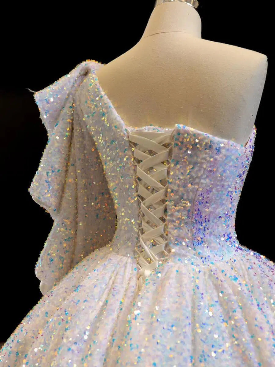 Shiny Sequined One Shoulder Long Sleeve Ball Gown Prom Dresses 67098 viniodress-prom dresses 2025 -Viniodress-Green-Custom Size-