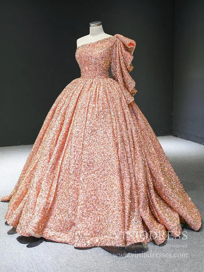 Shiny Sequined One Shoulder Long Sleeve Ball Gown Prom Dresses 67098 viniodress-prom dresses 2025 -Viniodress-Green-Custom Size-