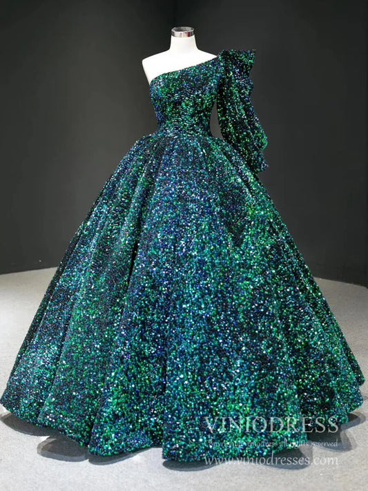Shiny Sequined One Shoulder Long Sleeve Ball Gown Prom Dresses 67098 viniodress-prom dresses 2025 -Viniodress-Green-Custom Size-