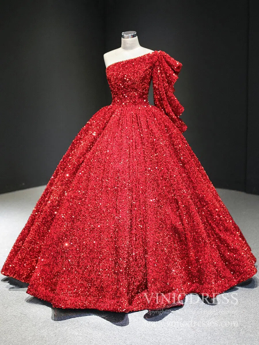 Shiny Sequined One Shoulder Long Sleeve Ball Gown Prom Dresses 67098 viniodress-prom dresses 2025 -Viniodress-Red-Custom Size-