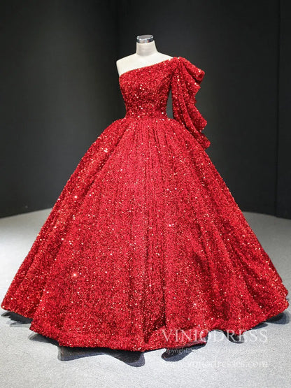 Shiny Sequined One Shoulder Long Sleeve Ball Gown Prom Dresses 67098 viniodress-prom dresses 2025 -Viniodress-Red-Custom Size-