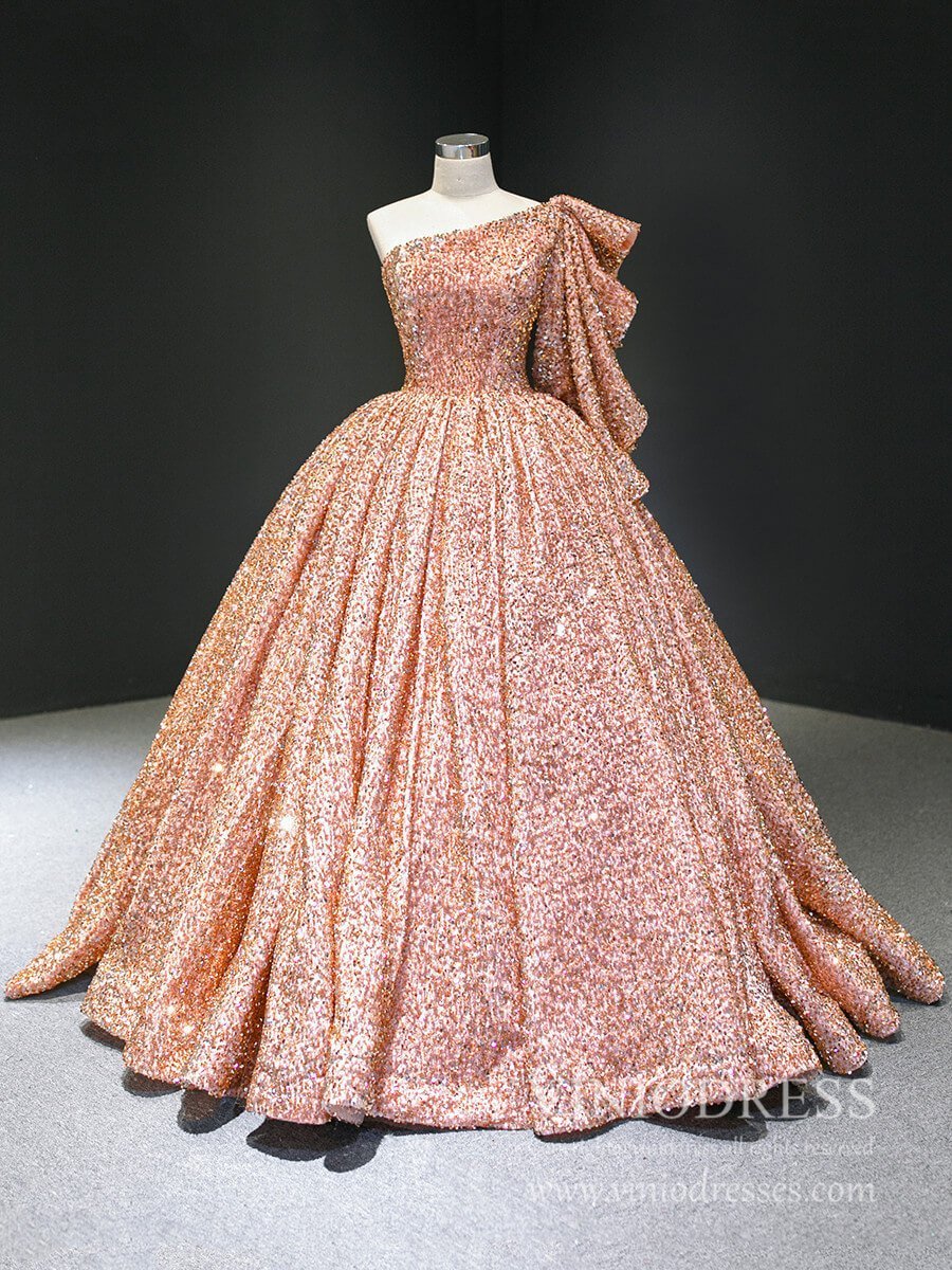Shiny Sequined One Shoulder Long Sleeve Ball Gown Prom Dresses 67098 viniodress-prom dresses 2025 -Viniodress-Rose Gold-Custom Size-