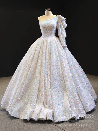 Shiny Sequined One Shoulder Long Sleeve Ball Gown Prom Dresses 67098 viniodress-prom dresses 2025 -Viniodress-White-Custom Size-