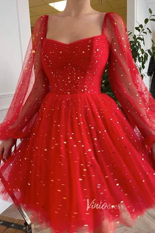 Shiny Star Party Dress Red Homecoming Dresses with Long Sleeve FD1639-Homecoming Dresses 2025 -Viniodress-Red-Custom Size-