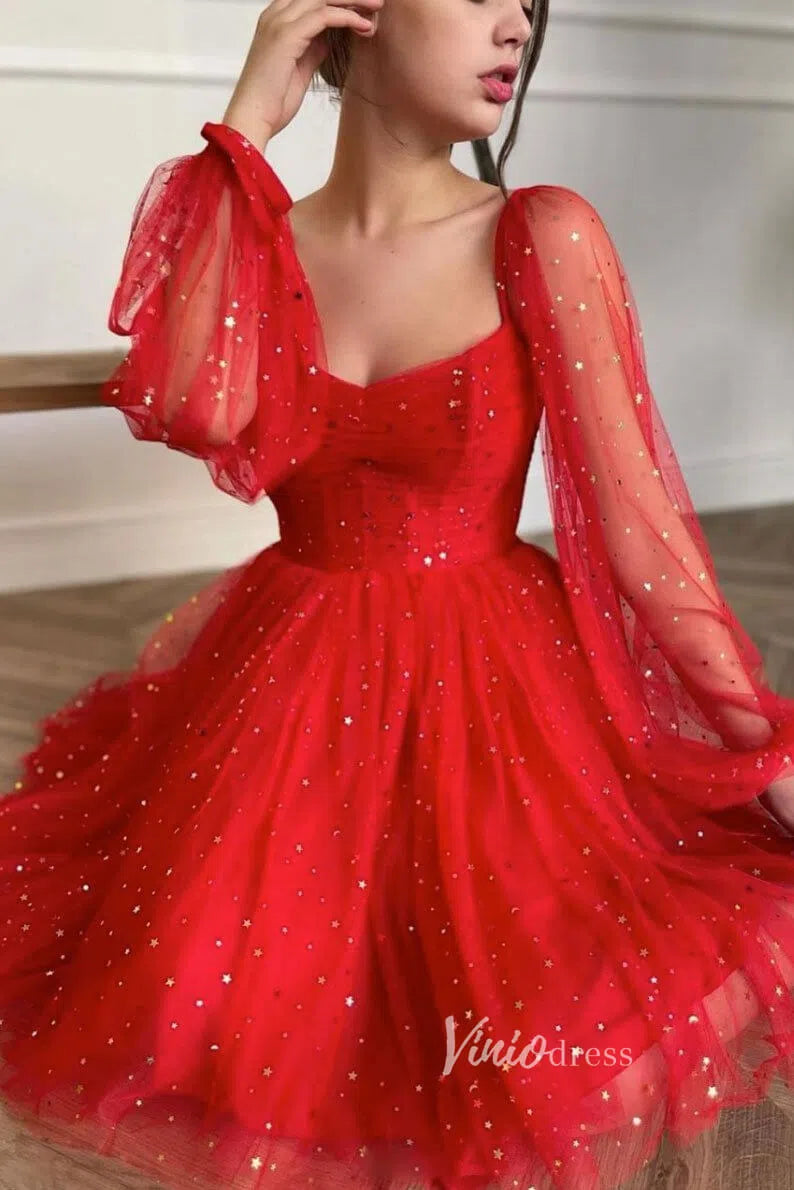 Shiny Star Party Dress Red Homecoming Dresses with Long Sleeve FD1639-Homecoming Dresses 2025 -Viniodress-Red-Custom Size-