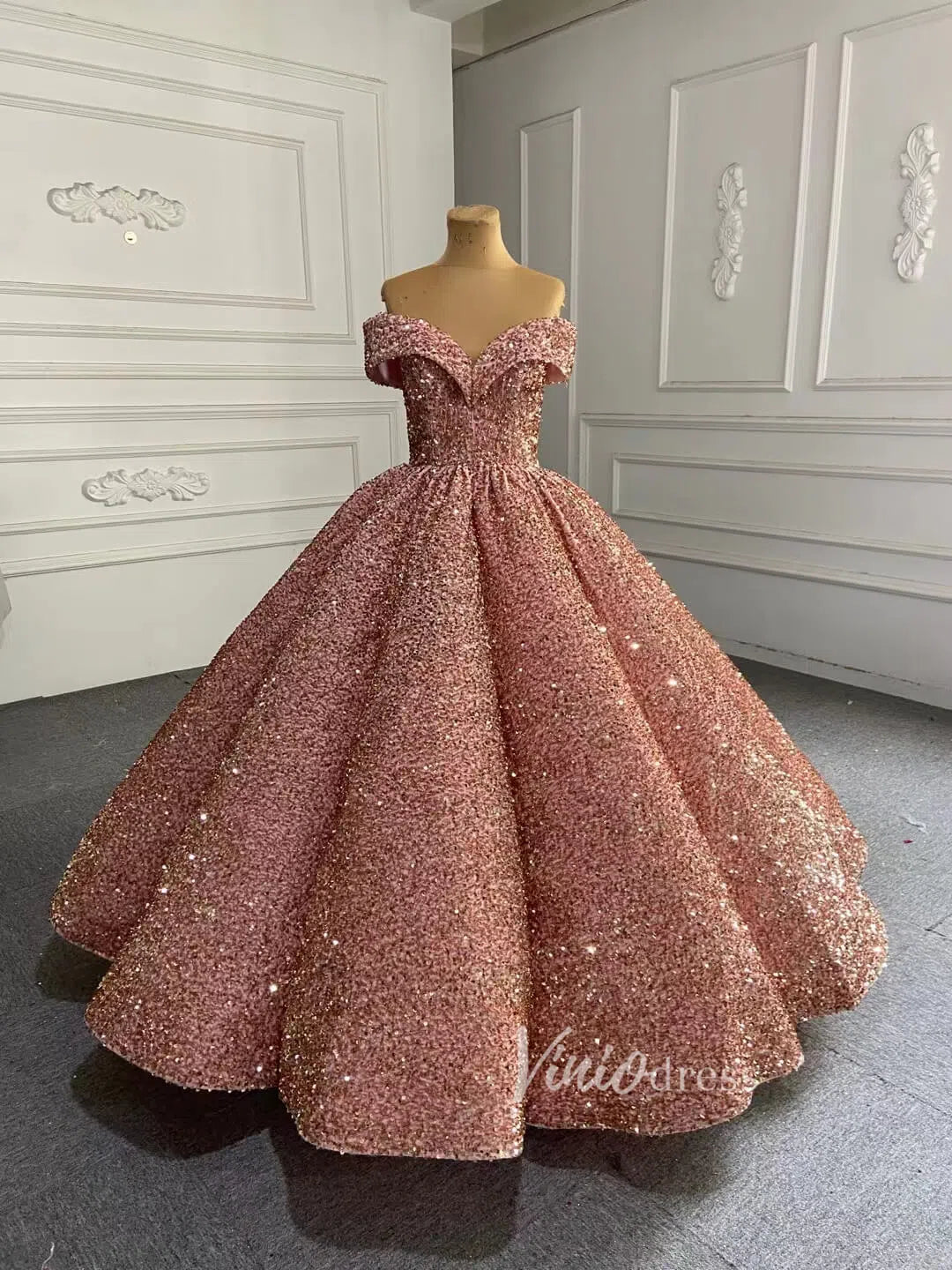 Shiny Sweet 16 Dress Off the Shoulder Debutante Ball Gown 66991 viniodress-Quinceanera Dresses-Viniodress-Rose Gold-Custom Size-Viniodress