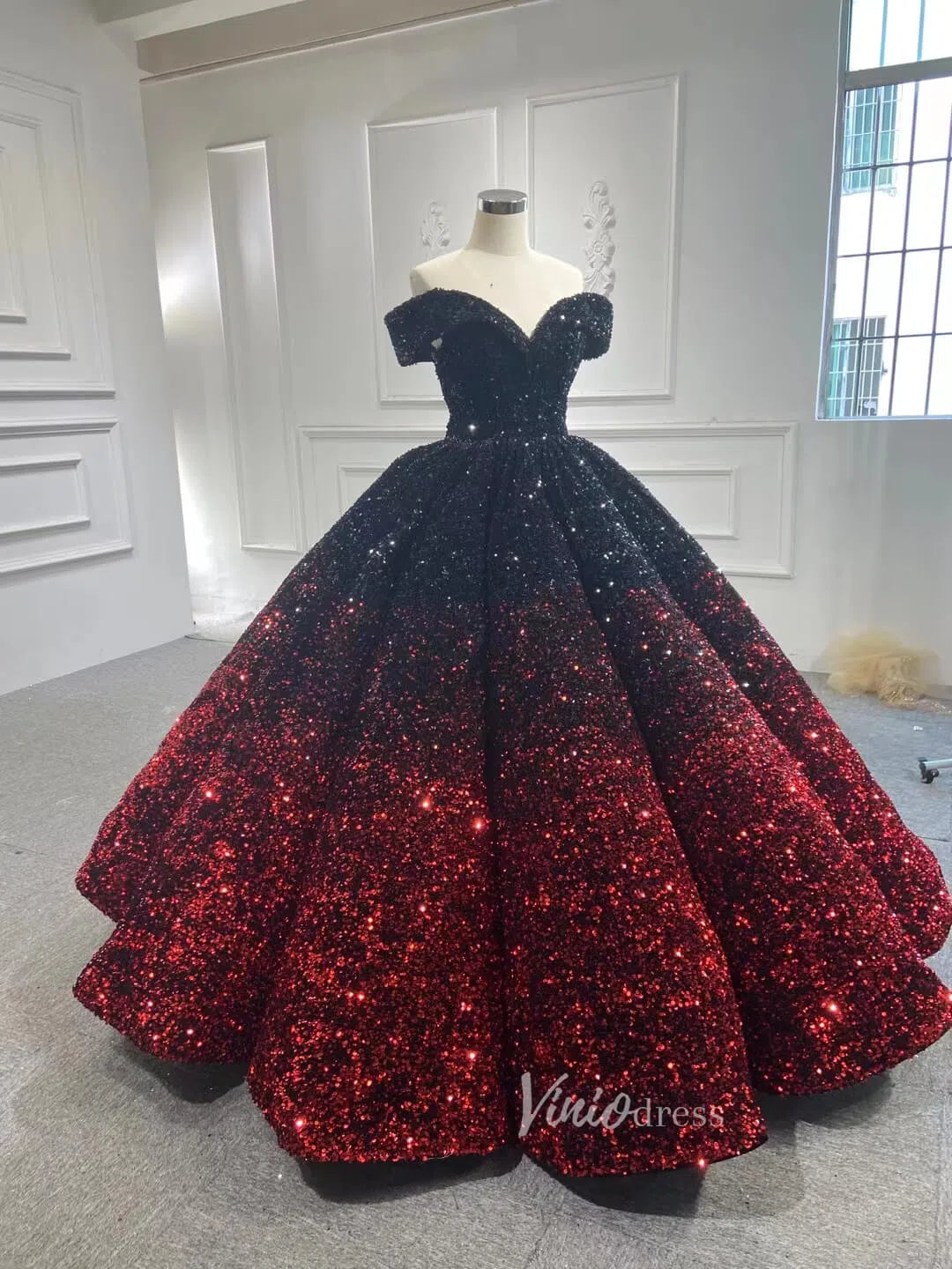 Shiny Sweet 16 Quinceañera Dress 66991 | Gradient Sequin Gown with Corset Back & Off-Shoulder-Quinceanera Dresses 2025 -Viniodress-Black Red-Custom Size-