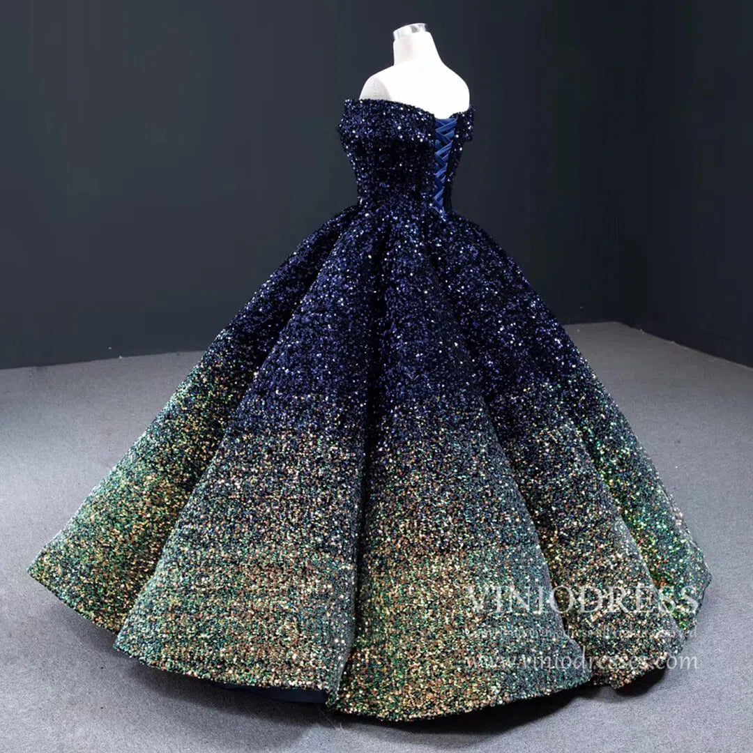 Shiny Sweet 16 Quinceañera Dress 66991 | Gradient Sequin Gown with Corset Back & Off-Shoulder-Quinceanera Dresses 2025 -Viniodress-Black Red-Custom Size-