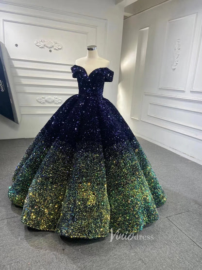 Shiny Sweet 16 Quinceañera Dress 66991 | Gradient Sequin Gown with Corset Back & Off-Shoulder-Quinceanera Dresses 2025 -Viniodress-Black Red-Custom Size-
